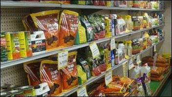 A display of items on a garden store shelf